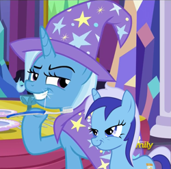Size: 727x719 | Tagged: safe, edit, screencap, character:minuette, character:trixie, species:pony, species:unicorn, episode:no second prances, g4, my little pony: friendship is magic, clothing, colgate (company), cutie mark, discovery family, discovery family logo, female, fork, hat, knife, mare, plates, robe, smiling, smug, sparkle, sparkles, spoon, table, teeth, toothbrush, twilight's castle, twinkle, utensils, vector, vector edit, watermark, wizard hat, wizard robe