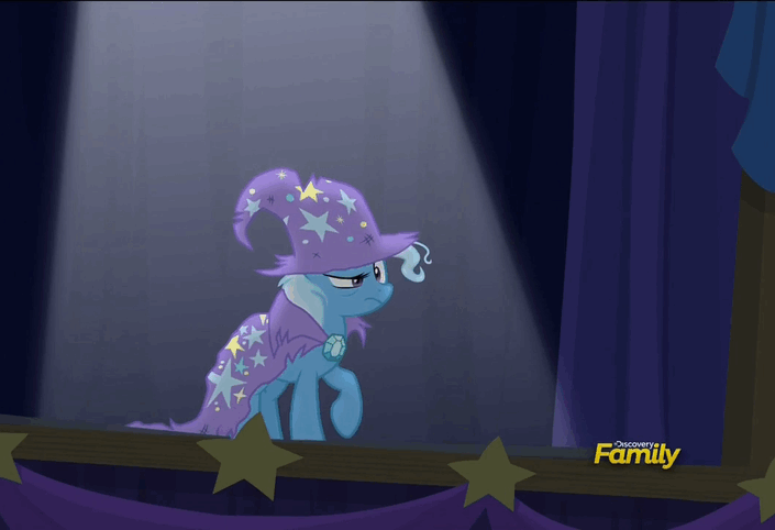 Size: 705x482 | Tagged: safe, edit, edited screencap, screencap, character:trixie, species:pony, species:unicorn, episode:no second prances, g4, my little pony: friendship is magic, alcohol, animated, balancing, caption, clothing, discovery family logo, drunk, faint, female, get, image macro, impact font, index get, mare, meme, no you, solo, stage, the great and alcoholics trixie, the paint and growerful triskie, torn clothes, trixie yells at everything, trixie's cape, trixie's hat