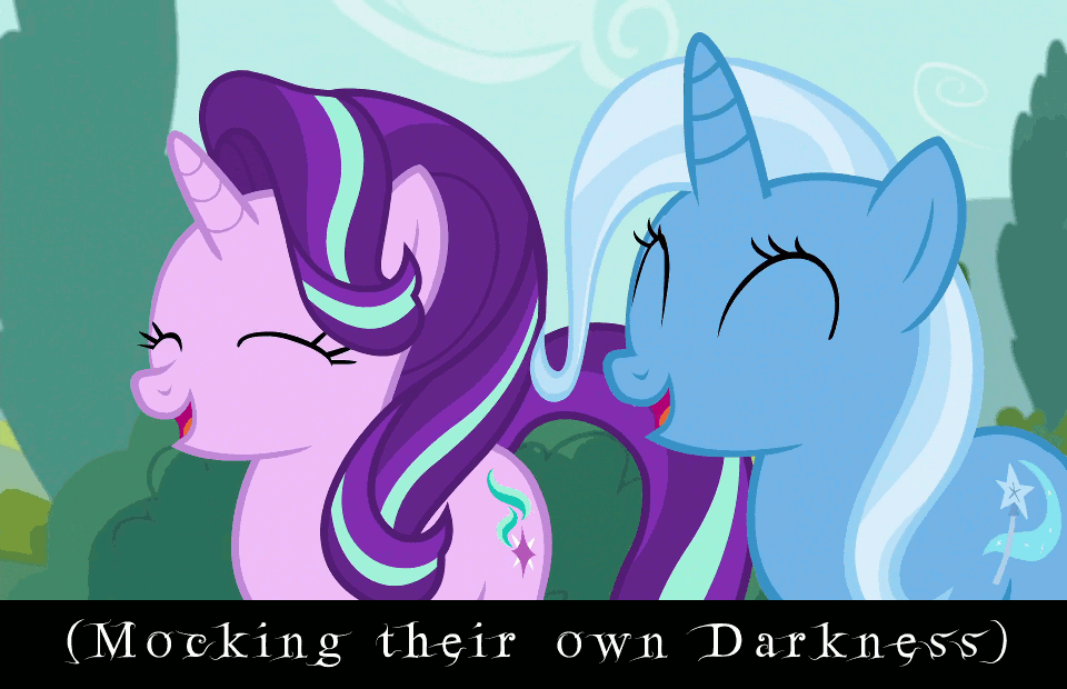 Size: 960x620 | Tagged: safe, edit, screencap, character:starlight glimmer, character:trixie, species:pony, species:unicorn, episode:no second prances, g4, my little pony: friendship is magic, animated, caption, counterparts, female, laughing, laughingmares.jpg, looking at each other, mare, smiling, text, twilight's counterparts