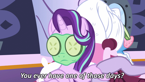 Size: 500x281 | Tagged: safe, edit, edited screencap, screencap, character:starlight glimmer, character:trixie, species:pony, species:unicorn, episode:no second prances, g4, my little pony: friendship is magic, animated, annoyed, caption, complaining, cucumber, female, hoof massage, indoors, mare, massage, mud mask, raised hoof, spa, spa pony, talking, text, towel