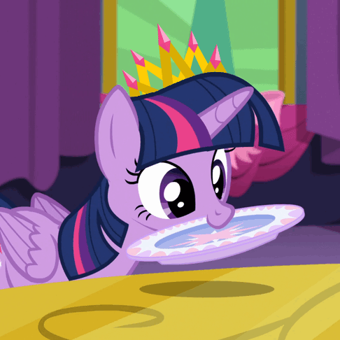 Size: 486x486 | Tagged: safe, edit, edited screencap, screencap, character:twilight sparkle, character:twilight sparkle (alicorn), species:alicorn, species:pony, episode:no second prances, g4, my little pony: friendship is magic, animated, chewing, crown, cute, eating, female, majestic as fuck, mare, mouth hold, munching, nom, plate, proper silverware placement, silly, silly pony, smiling, solo, table, twiabetes, vibrating, wat