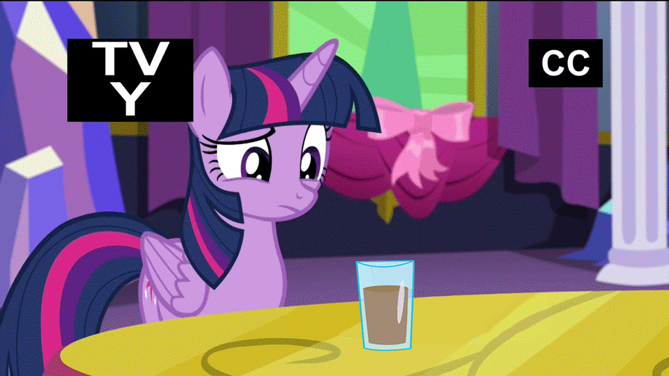 Size: 960x540 | Tagged: safe, edit, edited screencap, screencap, character:twilight sparkle, character:twilight sparkle (alicorn), species:alicorn, species:pony, episode:no second prances, g4, my little pony: friendship is magic, animated, behaving like a cat, chocolate, chocolate milk, everything is ruined, female, mare, milk, pure unfiltered evil, pushing, raised eyebrow, raised hoof, smiling, solo, spilled milk, tv-y