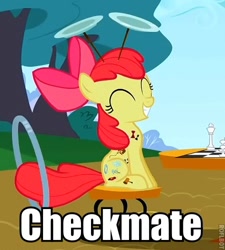Size: 450x500 | Tagged: safe, edit, edited screencap, screencap, character:apple bloom, species:earth pony, species:pony, episode:the cutie pox, g4, my little pony: friendship is magic, checkmate, chess, cropped, cutie pox, eyes closed, fake cutie mark, female, filly, grin, image macro, loop-de-hoop, meme, multiple cutie marks, plate spinning, smiling, solo, win
