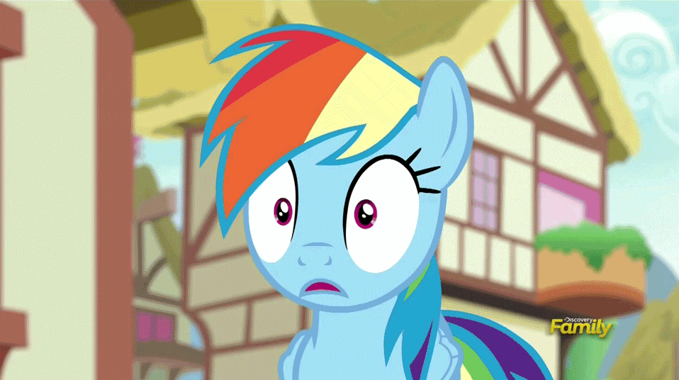 Size: 958x536 | Tagged: safe, edit, edited screencap, screencap, character:rainbow dash, episode:newbie dash, g4, my little pony: friendship is magic, animated, cute, dashabetes, disbelief, discovery family logo, eye shimmer, rainbow dash is best facemaker, rational exuberance, slow motion, smiling, teeth