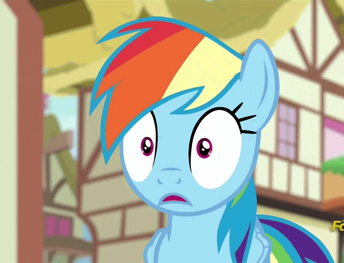 Size: 700x536 | Tagged: safe, edit, edited screencap, screencap, character:rainbow dash, episode:newbie dash, g4, my little pony: friendship is magic, animated, content-aware scale, disbelief, discovery family logo, eye shimmer, rational exuberance, slow motion, smiling, teeth, wat