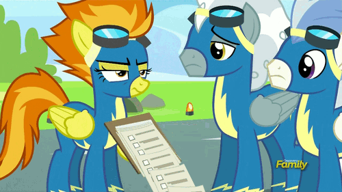 Size: 500x281 | Tagged: safe, edit, edited screencap, screencap, character:silver lining, character:spitfire, species:pegasus, species:pony, episode:newbie dash, g4, my little pony: friendship is magic, animated, clipboard, discovery family logo, endless, female, gif, loop, male, mare, paper, solo, stallion, wind waker (character), wonderbolts uniform