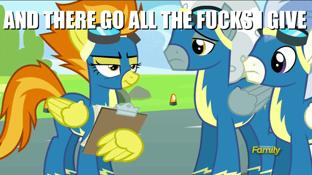 Size: 634x356 | Tagged: safe, edit, edited screencap, screencap, character:silver lining, character:spitfire, species:pegasus, species:pony, episode:newbie dash, g4, my little pony: friendship is magic, animated, clipboard, discovery family logo, exploitable meme, female, gif, image macro, look at all the fucks i give, loop, male, mare, meme, no fucks, stallion, unamused, vulgar, wind waker (character), wing hands, wonderbolts uniform