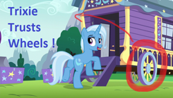 Size: 640x360 | Tagged: safe, edit, screencap, character:trixie, species:pony, species:unicorn, episode:no second prances, g4, my little pony: friendship is magic, female, looking back, mare, missing accessory, trixie's wagon, wagon, wheel, wheels trixie