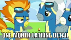 Size: 1000x564 | Tagged: safe, edit, edited screencap, screencap, character:silver lining, character:spitfire, species:pegasus, species:pony, episode:newbie dash, g4, my little pony: friendship is magic, caption, female, image macro, male, mare, meme, spitfire is not amused, stallion, text, watermark, wind waker (character), wonderbolts uniform