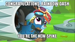 Size: 800x450 | Tagged: safe, edit, edited screencap, screencap, character:rainbow dash, episode:newbie dash, episode:the return of harmony, g4, my little pony: friendship is magic, derp, discovery family logo, full circle, image macro, meme, rainbow trash, reference, scrunchy face, trash, trash can, wonderbolts uniform