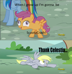 Size: 934x960 | Tagged: safe, edit, edited screencap, screencap, character:derpy hooves, character:scootaloo, species:pegasus, species:pony, episode:newbie dash, episode:no second prances, g4, my little pony: friendship is magic, derp, discovery family logo, exploitable meme, female, i didn't listen, image macro, mare, meme
