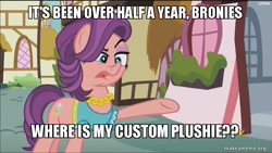 Size: 800x450 | Tagged: safe, edit, edited screencap, screencap, character:spoiled rich, episode:crusaders of the lost mark, g4, my little pony: friendship is magic, complaining, image macro, meme, plushie, talking to viewer
