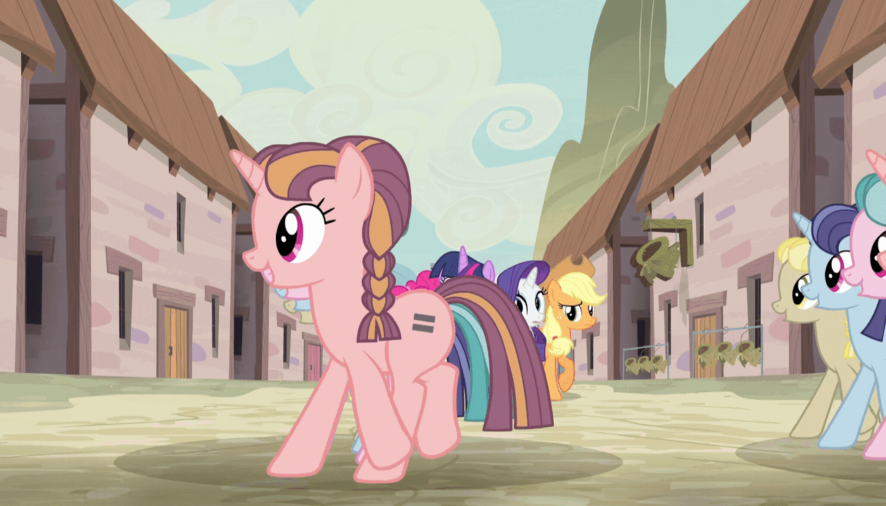 Size: 1259x720 | Tagged: safe, edit, screencap, character:applejack, character:fluttershy, character:offbeat, character:pinkie pie, character:rainbow dash, character:rarity, character:twilight sparkle, character:twilight sparkle (alicorn), species:alicorn, species:earth pony, species:pegasus, species:pony, species:unicorn, episode:the cutie map, g4, my little pony: friendship is magic, animated, building, cloak, clothing, cutie mark, equal cutie mark, equalist, equalized, faec, female, house, houses, in our town, mane six, marching, mare, mountain, multeity, our town, perfect loop, pinkie pie is not amused, singing, sky, starlight's village, street, town, unamused