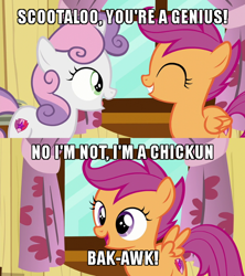 Size: 500x563 | Tagged: safe, edit, edited screencap, screencap, character:scootaloo, character:sweetie belle, species:pegasus, species:pony, episode:on your marks, g4, my little pony: friendship is magic, chickun, cutie mark, exploitable meme, faec, forced meme, image macro, meme, scootachicken, the cmc's cutie marks