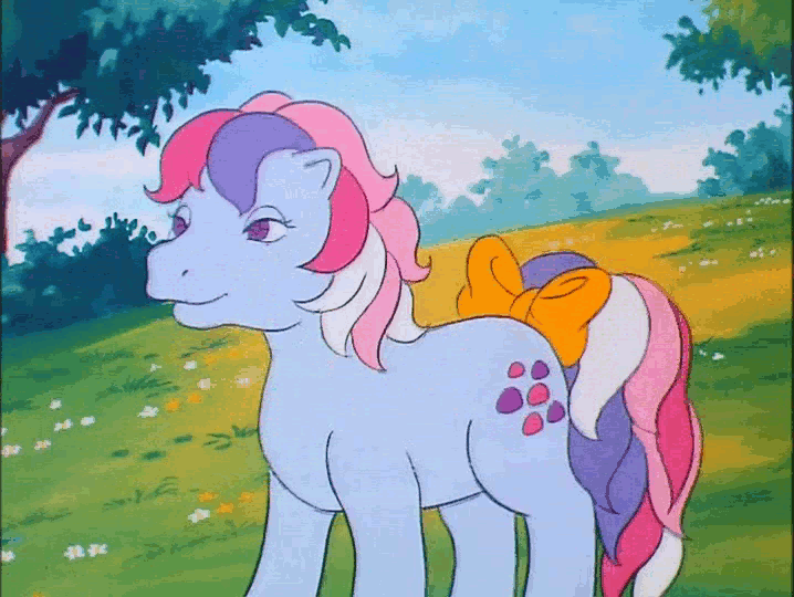 Size: 718x540 | Tagged: safe, edit, screencap, character:sweet stuff, species:earth pony, species:pony, species:twinkle eyed pony, episode:sweet stuff and the treasure hunt, g1, my little pony 'n friends, animated, bow, dream valley, slow motion, solo, tail bow