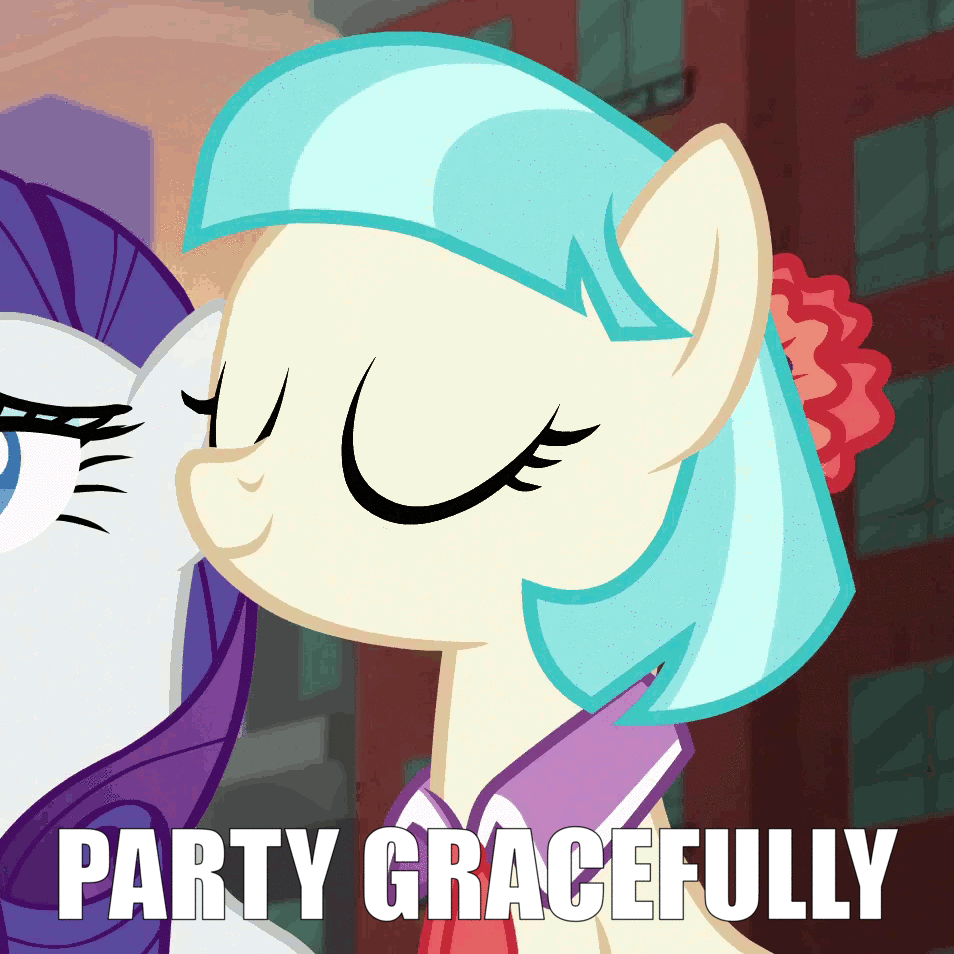Size: 954x954 | Tagged: safe, derpibooru original, edit, edited screencap, screencap, character:coco pommel, character:rarity, episode:made in manehattan, g4, my little pony: friendship is magic, animated, cocobetes, cute, eyes closed, headbob, image macro, loop, meme, nodding, party gracefully, party hard, party soft, smiling, solo focus
