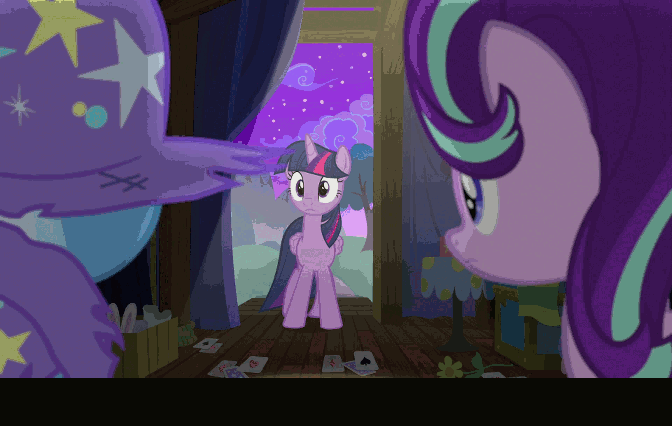 Size: 672x426 | Tagged: safe, edit, screencap, character:starlight glimmer, character:trixie, character:twilight sparkle, character:twilight sparkle (alicorn), species:alicorn, species:pony, species:rabbit, species:unicorn, episode:no second prances, g4, my little pony: friendship is magic, animated, backstage, bowing, caption, card, close-up, clothing, counterparts, cup, female, flower, hat, magic, magic wand, magical trio, magician, mare, night, smiling, subtitles, telekinesis, text, tree, trixie's cape, trixie's hat, twilight's counterparts