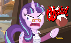 Size: 800x487 | Tagged: safe, edit, edited screencap, screencap, character:snowfall frost, character:starlight glimmer, episode:a hearth's warming tail, g4, my little pony: friendship is magic, ace attorney, discovery family logo, faec, miles edgeworth, objection, pointing