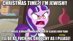 Size: 848x480 | Tagged: safe, edit, edited screencap, screencap, character:snowfall frost, character:starlight glimmer, species:pony, species:unicorn, episode:a hearth's warming tail, g4, my little pony: friendship is magic, discovery family logo, female, glasses, he-man, image macro, jew, judaism, mare, meme, nostalgia critic, ragelight glimmer, religion, skeletor, snowfall fury, vulgar, we are going to hell