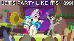 Size: 849x474 | Tagged: safe, edit, edited screencap, screencap, character:cherry berry, character:coco crusoe, character:dj pon-3, character:octavia melody, character:pinkie pie, character:vinyl scratch, species:pony, episode:a hearth's warming tail, g4, my little pony: friendship is magic, background pony, discovery family logo, evening stroll, image macro, meme, paraviolet, phonograph, prince (musician), spirit of hearth's warming presents, unnamed pony, victrola scratch, wax cylinder, weird al yankovic