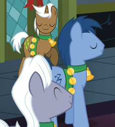 Size: 799x876 | Tagged: safe, edit, edited screencap, screencap, character:blues, character:mochaccino, character:noteworthy, character:rare find, character:royal riff, species:earth pony, species:pony, episode:a hearth's warming tail, g4, my little pony: friendship is magic, bells, cropped, harness, male, stallion