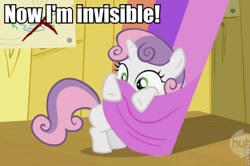 Size: 600x398 | Tagged: safe, edit, edited screencap, screencap, character:sweetie belle, episode:the show stoppers, g4, my little pony: friendship is magic, bipedal, caption, cropped, cute, diasweetes, female, hiding, hub logo, image macro, roflbot, solo