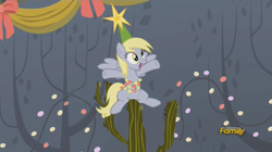 Size: 1477x826 | Tagged: safe, edit, edited screencap, screencap, character:derpy hooves, species:pegasus, species:pony, episode:a hearth's warming tail, g4, my little pony: friendship is magic, cactus, christmas lights, clothing, derpy star, discovery family logo, female, hat, literal butthurt, mare, pain, photoshop, solo, stars