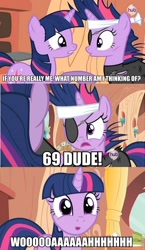 Size: 466x804 | Tagged: safe, edit, edited screencap, screencap, character:twilight sparkle, episode:it's about time, g4, my little pony: friendship is magic, bill and ted, catsuit, comic, duo, future twilight, golden oaks library, hub logo, image macro, screencap comic, self paradox