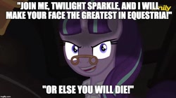 Size: 888x499 | Tagged: safe, edit, edited screencap, screencap, character:snowfall frost, character:starlight glimmer, species:pony, species:unicorn, episode:a hearth's warming tail, g4, my little pony: friendship is magic, cd-i, female, ganon, glasses, image macro, mare, meme, pince-nez, the legend of zelda, youtube poop