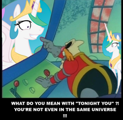 Size: 640x622 | Tagged: safe, edit, edited screencap, screencap, character:princess celestia, princess molestia, adventures of sonic the hedgehog, aqua teen hunger force, crossover, doctor eggman, grin, image macro, imminent rape, pointing, smiling, sonic the hedgehog (series), this will end in tears, tonight you, wide eyes