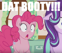Size: 864x740 | Tagged: safe, edit, edited screencap, screencap, character:pinkie pie, character:starlight glimmer, episode:no second prances, g4, my little pony: friendship is magic, caption, image macro, plot, shocked, stare, the ass was fat