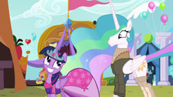 Size: 1280x720 | Tagged: safe, edit, edited screencap, screencap, character:amethyst star, character:cherry berry, character:princess celestia, character:sparkler, character:twilight sparkle, character:twilight sparkle (alicorn), species:alicorn, species:pony, episode:party pooped, g4, my little pony: friendship is magic, balloon, bustle, clothes edit, clothing, dress, female, grin, hoodie, jacket, mare, missing accessory, nike, paul mccartney, smiling, socks, sweater, turtleneck