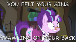 Size: 1364x761 | Tagged: safe, edit, edited screencap, screencap, character:snowfall frost, character:starlight glimmer, episode:a hearth's warming tail, g4, my little pony: friendship is magic, bad time, comic sans, image macro, incorporeal, meme, text, undertale