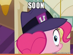 Size: 500x375 | Tagged: safe, edit, edited screencap, screencap, episode:the saddle row review, g4, my little pony: friendship is magic, clothing, frown, hat, image macro, it's happened and now we can't stop it, looking at you, looking back, meme, pinkie clone, solo, soon, the clone that got away, wide eyes
