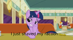 Size: 1280x713 | Tagged: safe, edit, edited screencap, screencap, character:beaude mane, character:joan pommelway, character:twilight sparkle, character:twilight sparkle (alicorn), species:alicorn, species:pony, episode:the saddle row review, g4, my little pony: friendship is magic, bedroom eyes, caption, discovery family logo, female, image macro, innuendo, mare, meme