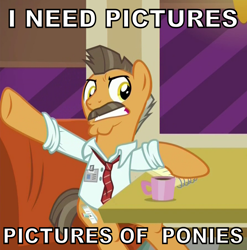 Size: 930x942 | Tagged: safe, edit, edited screencap, screencap, species:earth pony, species:pony, episode:the saddle row review, g4, my little pony: friendship is magic, buried lede, caption, coffee, facial hair, full circle, j. jonah jameson, male, moustache, necktie, solo, stallion, window