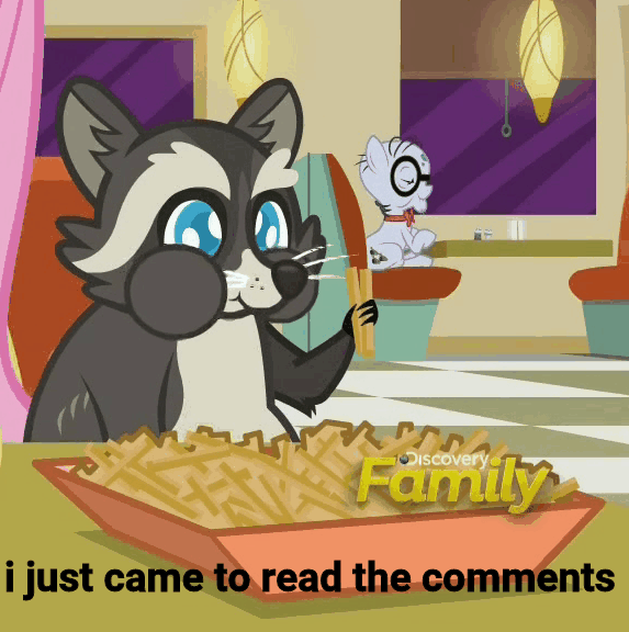 Size: 573x576 | Tagged: safe, edit, edited screencap, screencap, character:mr. waddle, episode:the saddle row review, g4, my little pony: friendship is magic, animated, cropped, discovery family logo, food, french fries, hay fries, i just came to read the comments, image macro, loop, meme, puffy cheeks, raccoon, reaction image, smoky jr.