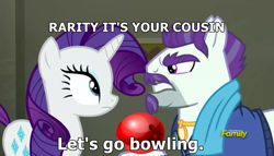 Size: 1411x807 | Tagged: safe, edit, edited screencap, screencap, character:mr. stripes, character:rarity, species:earth pony, species:pony, species:unicorn, episode:the saddle row review, g4, my little pony: friendship is magic, bowling, bowling ball, clothing, cutie mark, diamonds, discovery family, discovery family logo, exploitable meme, female, grand theft auto, gta iv, image macro, jewelry, male, mare, meme, necklace, roman bellic, stallion, suit, text, text edit, watermark