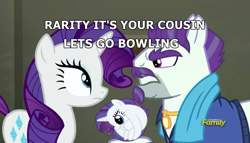 Size: 1411x807 | Tagged: safe, edit, edited screencap, screencap, character:mr. stripes, character:rarity, species:earth pony, species:pony, species:unicorn, episode:the saddle row review, g4, my little pony: friendship is magic, bowling, clothing, cutie mark, diamonds, discovery family, discovery family logo, exploitable meme, female, grand theft auto, gta iv, horn, image macro, jewelry, male, mare, meme, necklace, rariball, roman bellic, stallion, suit, text, text edit, watermark