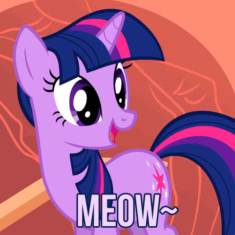 Size: 481x481 | Tagged: safe, edit, edited screencap, screencap, character:twilight sparkle, species:pony, species:unicorn, episode:owl's well that ends well, g4, my little pony: friendship is magic, animated, behaving like a cat, caption, cute, female, grin, image macro, mare, meme, meow, open mouth, smiling, solo, text, tilde, twilight cat