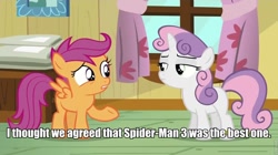 Size: 960x539 | Tagged: safe, edit, edited screencap, screencap, character:scootaloo, character:sweetie belle, species:pegasus, species:pony, exploitable meme, image macro, impact font, meme, scootaloo is wrong about everything, spider-man