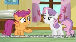 Size: 960x539 | Tagged: safe, edit, edited screencap, screencap, character:scootaloo, character:sweetie belle, species:pegasus, species:pony, episode:bloom and gloom, g4, my little pony: friendship is magic, caption, conspiracy, illuminati, image macro, impact font, meme, scootaloo is wrong about everything