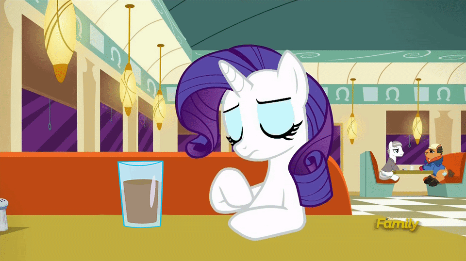 Size: 960x538 | Tagged: safe, edit, edited screencap, screencap, character:rarity, species:pony, species:unicorn, episode:the saddle row review, g4, my little pony: friendship is magic, animated, chocolate, chocolate milk, del griffith, discovery family logo, everything is ruined, female, gif, image macro, male, mare, meme, milk, neal page, neighl page, planes trains and automobiles, pure unfiltered evil, spilled milk, stallion