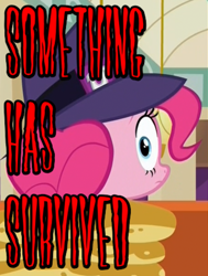 Size: 448x592 | Tagged: safe, edit, edited screencap, screencap, character:pinkie pie, episode:the saddle row review, episode:too many pinkie pies, g4, my little pony: friendship is magic, breaking the fourth wall, callback, clothing, female, hat, image macro, jurassic park, meme, oh crap, pinkie clone, solo, the clone that got away, the lost world