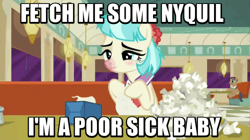 Size: 500x281 | Tagged: safe, edit, edited screencap, screencap, character:coco pommel, episode:the saddle row review, g4, my little pony: friendship is magic, animated, bronybait, caption, cocobetes, cute, dishevelled, image macro, meme, messy mane, nose blowing, nyquil, red nosed, sad, sick, tissue, tissue box
