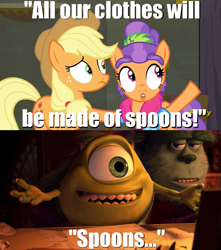 Size: 795x899 | Tagged: safe, edit, edited screencap, screencap, character:applejack, character:plaid stripes, episode:the saddle row review, g4, my little pony: friendship is magic, image macro, james p. sullivan, meme, mike wazowski, monsters inc., spoon, sulley