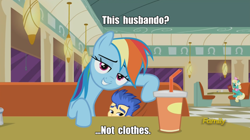Size: 1024x573 | Tagged: safe, edit, edited screencap, screencap, character:flash sentry, character:rainbow dash, episode:the saddle row review, g4, my little pony: friendship is magic, my little pony:equestria girls, diner, discovery family logo, duo, exploitable meme, flashdash, flashface, honey curls, husbando, husbando thief, image macro, mare e. lynn, meme, not clothes, table