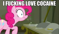 Size: 1280x738 | Tagged: safe, edit, edited screencap, screencap, character:pinkie pie, episode:the saddle row review, g4, my little pony: friendship is magic, caption, cocaine, discovery family logo, drugs, dust, image macro, meme, sniffing, snorting, vulgar, wide eyes