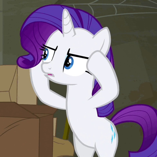 Size: 505x504 | Tagged: safe, edit, edited screencap, screencap, character:rarity, species:pony, species:unicorn, episode:the saddle row review, g4, my little pony: friendship is magic, animated, bipedal, caption, confused, eyelashes, eyeshadow, female, frown, image macro, makeup, mare, meme, open mouth, reaction image, solo focus, text, wat