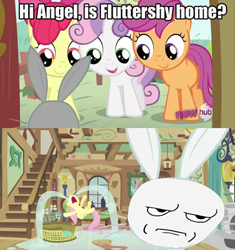 Size: 500x531 | Tagged: safe, edit, edited screencap, screencap, character:angel bunny, character:apple bloom, character:fluttershy, character:scootaloo, character:sweetie belle, species:pegasus, species:pony, episode:ponyville confidential, g4, my little pony: friendship is magic, 2 panel comic, are you serious, comic, crying, cutie mark crusaders, face swap, meme, ocular gushers, rage face, river of tears